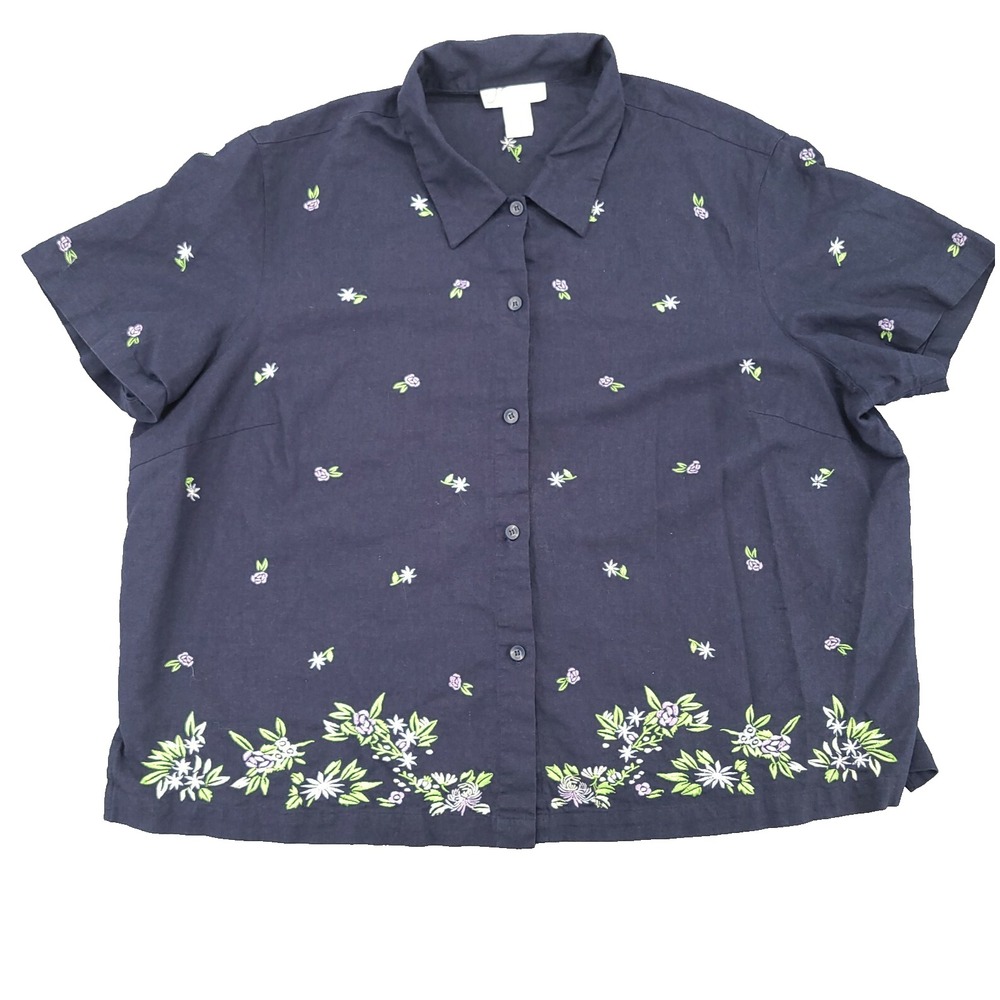 Dressbarn Womens Blouse Size 24W Plus Collared Short Sleeve Blue Floral Button